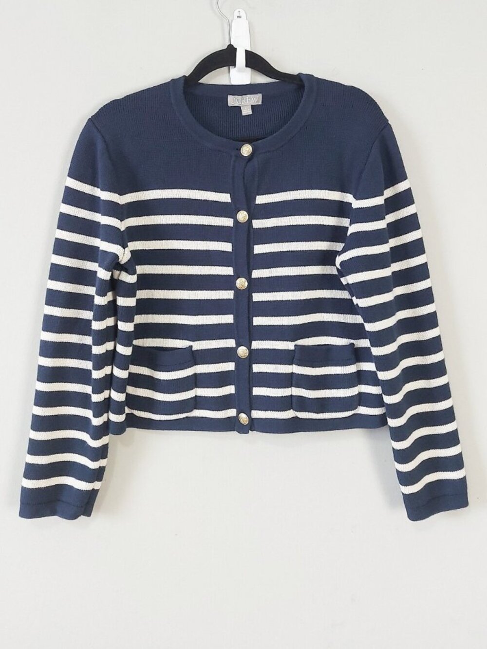 Jcrew Cotton Stripe Emillie Sweater Button Cardigan Large Preppy Classic Pockets